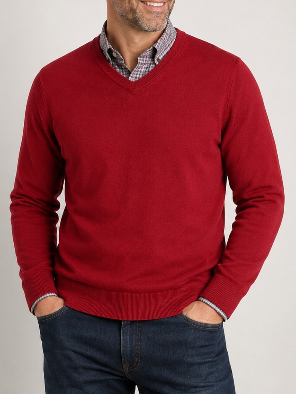 CAMBRIDGE DRY GOODS Men's Deep Red 100% Cotton V-Neck Pullover Sweater Size L